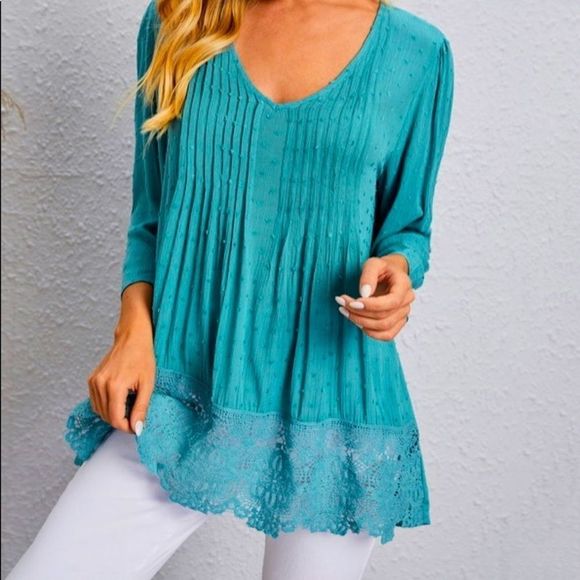 NWT! SWISS DOT LACE TRIM SOLID BLOUSE IN CADET BLUE! - Picture 11 of 12